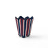 A scalloped top, red white and blue striped cachepot on a white background