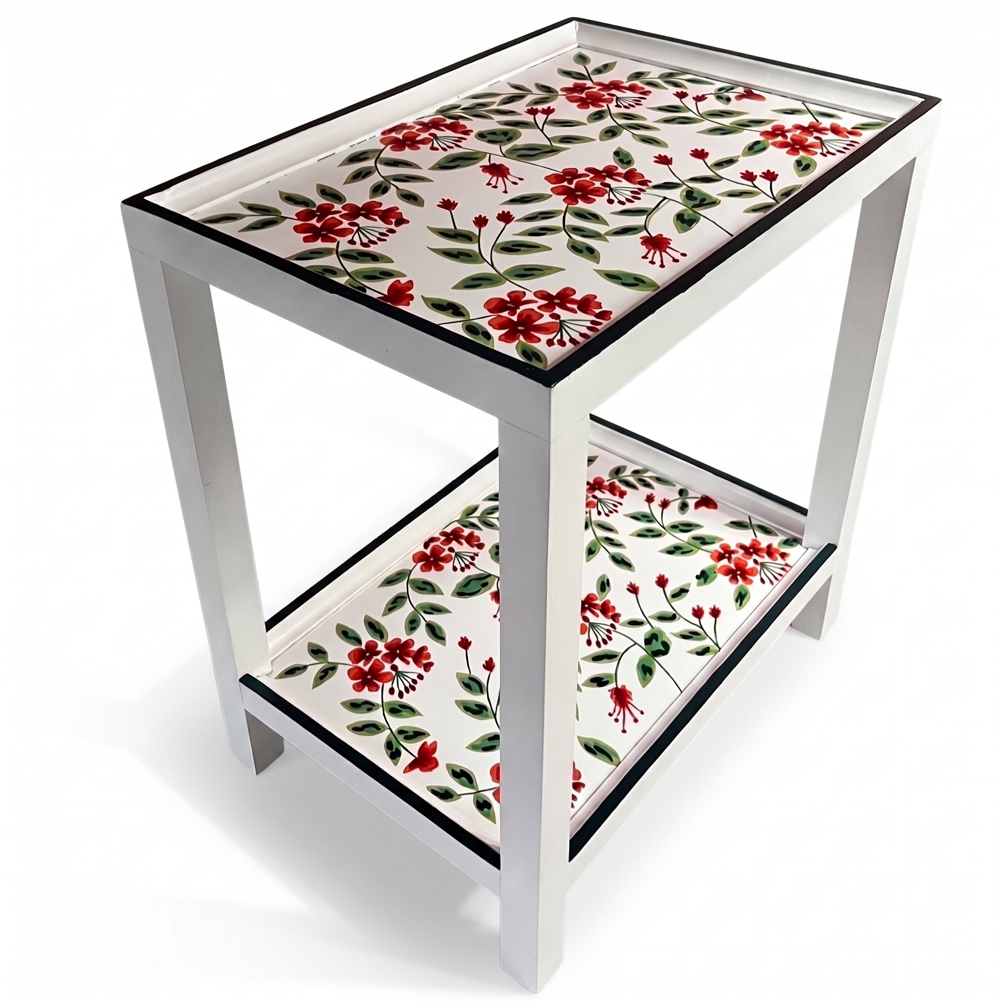 a two tiered white side table painted with red geraniums and dark green edges. 