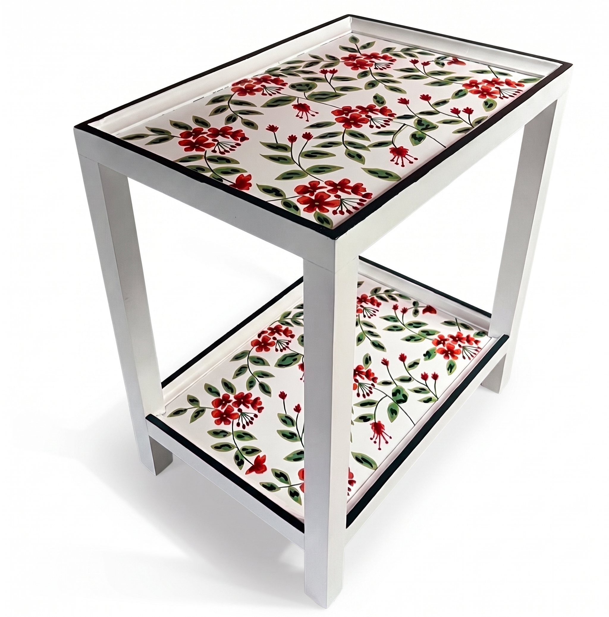 a two tiered white side table painted with red geraniums and dark green edges. 