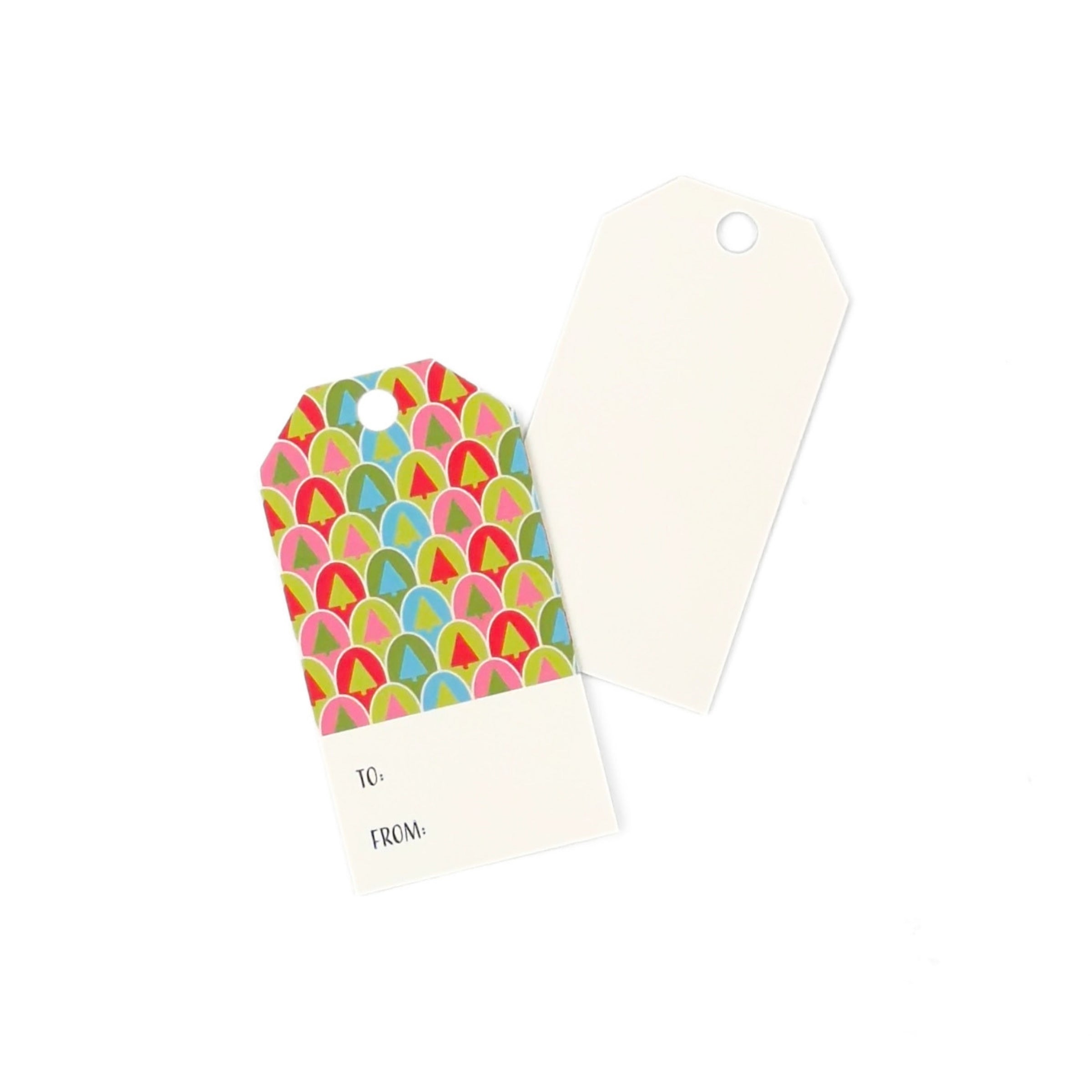Retro Trees Christmas gift tags featuring colorful geometric tree patterns in pink, green, blue, and red, a blank reverse side, pre-punched holes.