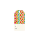 Retro Trees Christmas gift tags featuring colorful geometric tree patterns in pink, green, blue, and red, a blank reverse side, pre-punched holes.