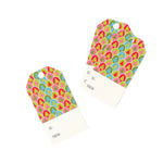 Retro Trees Christmas gift tags featuring colorful geometric tree patterns in pink, green, blue, and red, a blank reverse side, pre-punched holes.