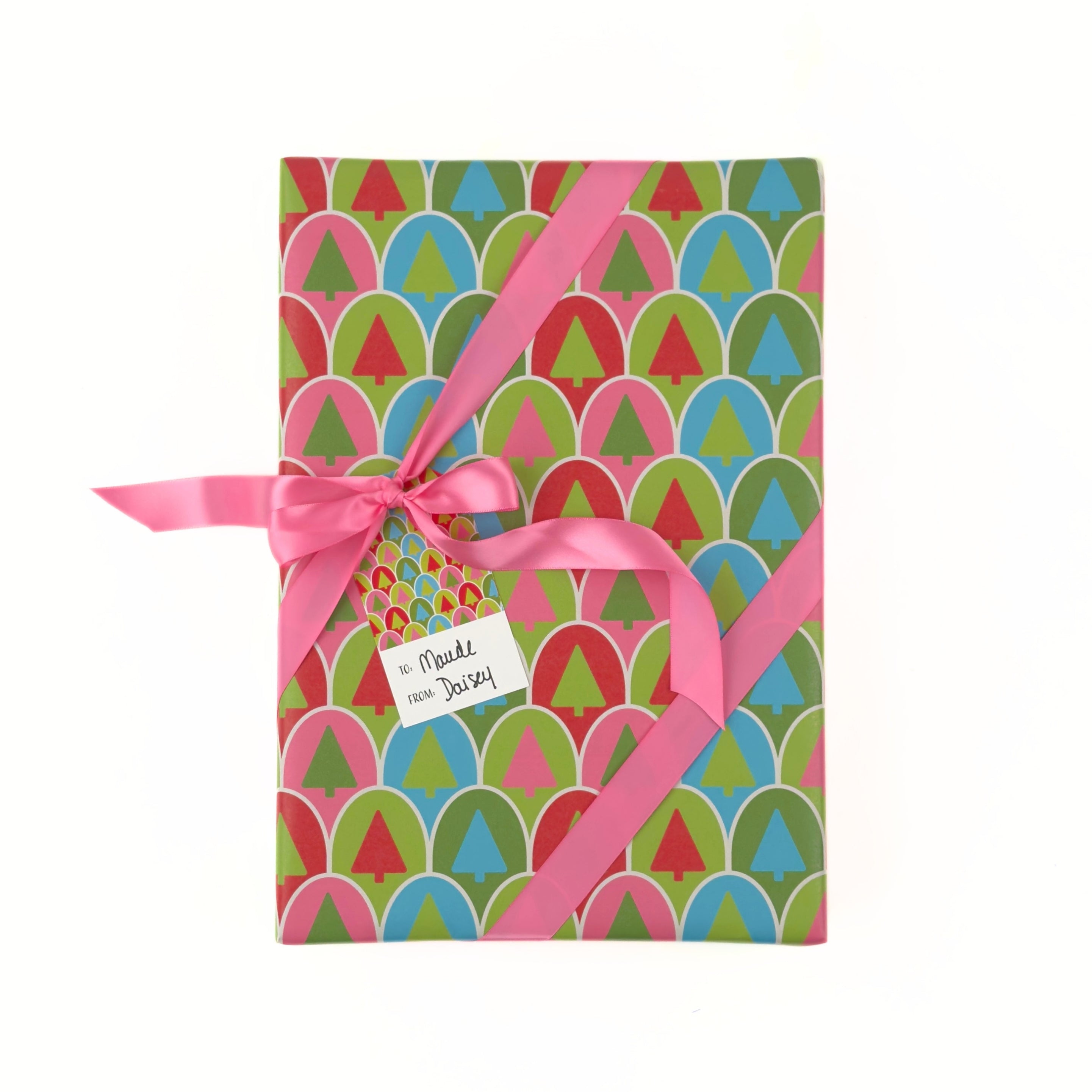 Festive Christmas gift wrap featuring colorful retro trees in pink, green, blue, and red patterns.