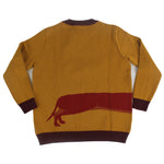 Back view of mustard yellow knit sweater featuring a dachshund silhouette wrapping across the back