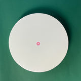 reverse side of a pink and green metal tole pug tray