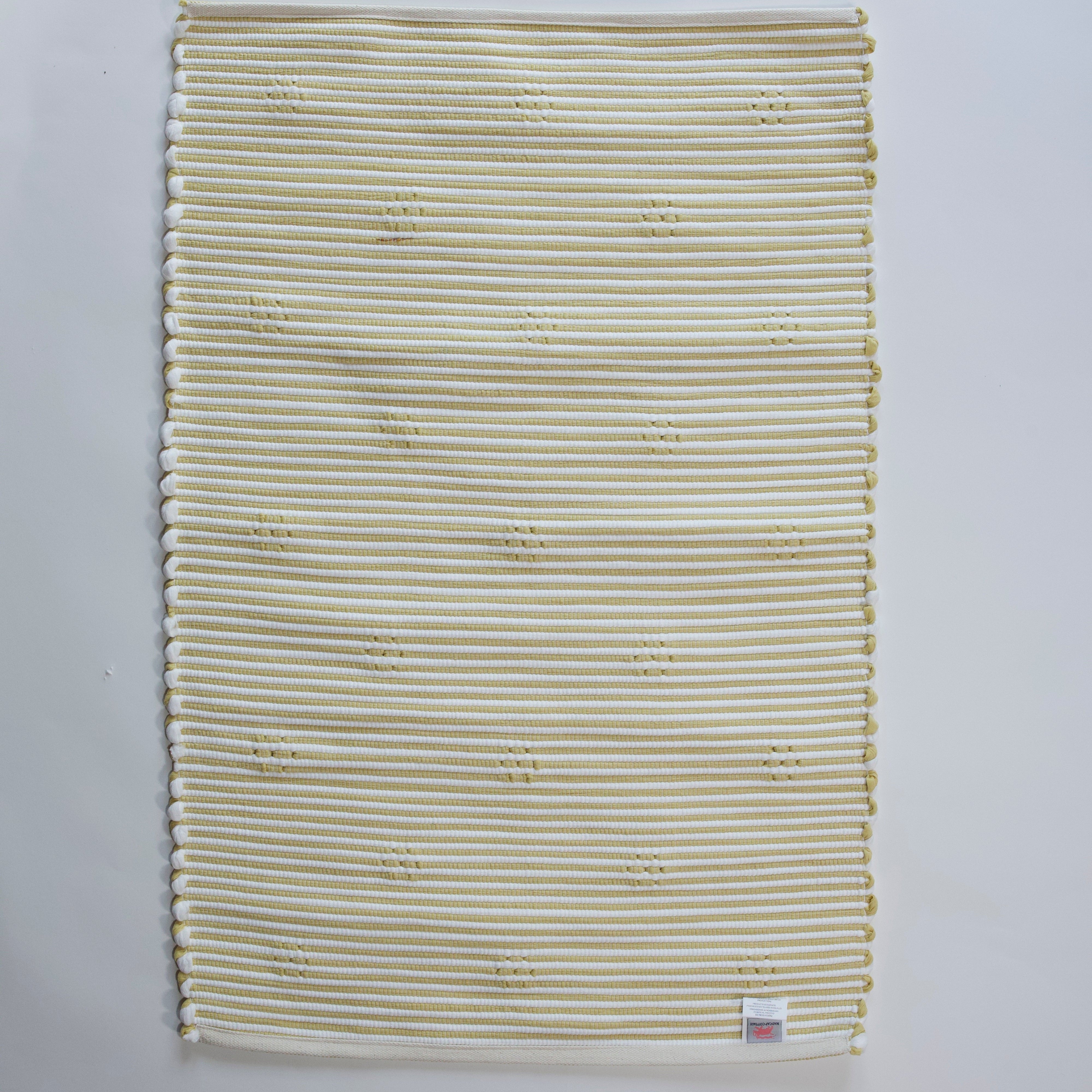 reverse side of a rectangular yellow accent rug with small daisy shaped accents scattered across it. 