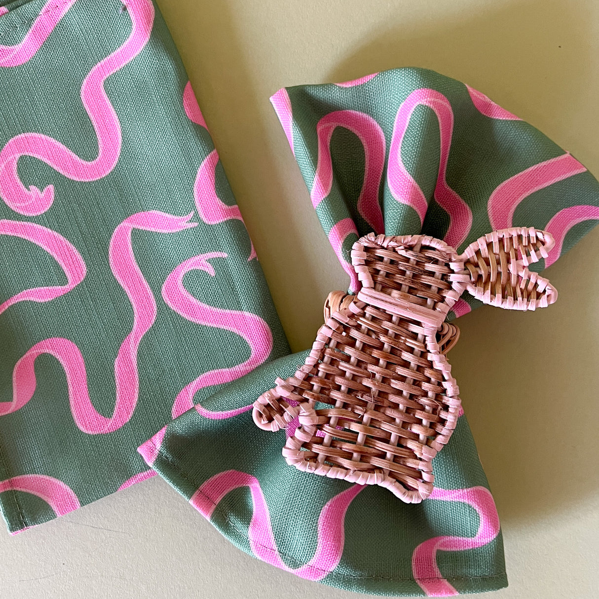 ribbons pink and green dinner napkin with bunny napkin ring