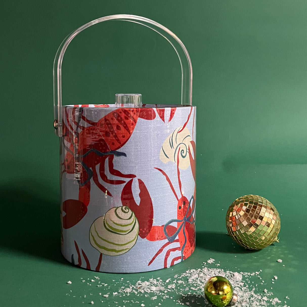 Rock Lobster Blue Bow acrylic ice bucket covered in a red lobster and shell pattern.