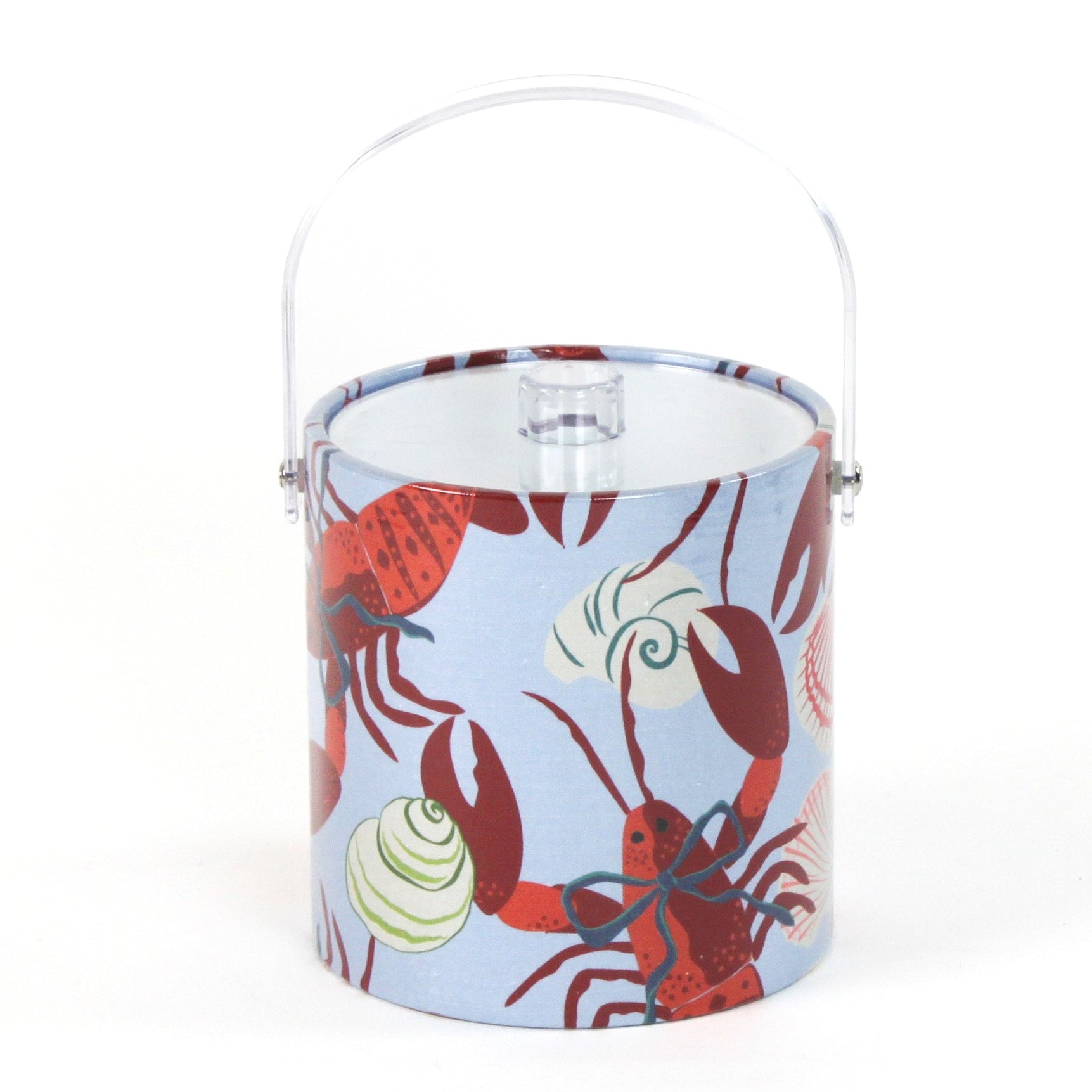 Rock Lobster red and blue ice bucket filled with ice and champagne features a green shell and red lobster print