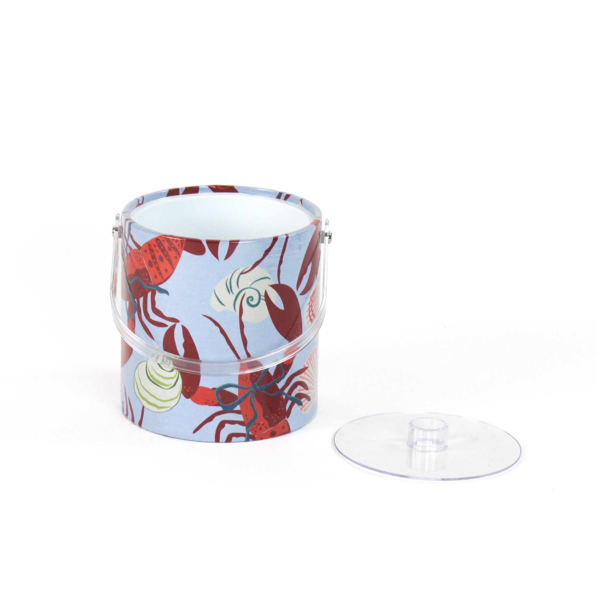Rock Lobster red and blue ice bucket filled with ice and champagne features a green shell and red lobster print