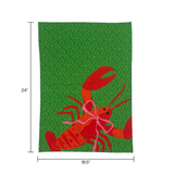 dimensions of a a green block print design and a big red lobster tea towel against a white background. 24" by 18.5"