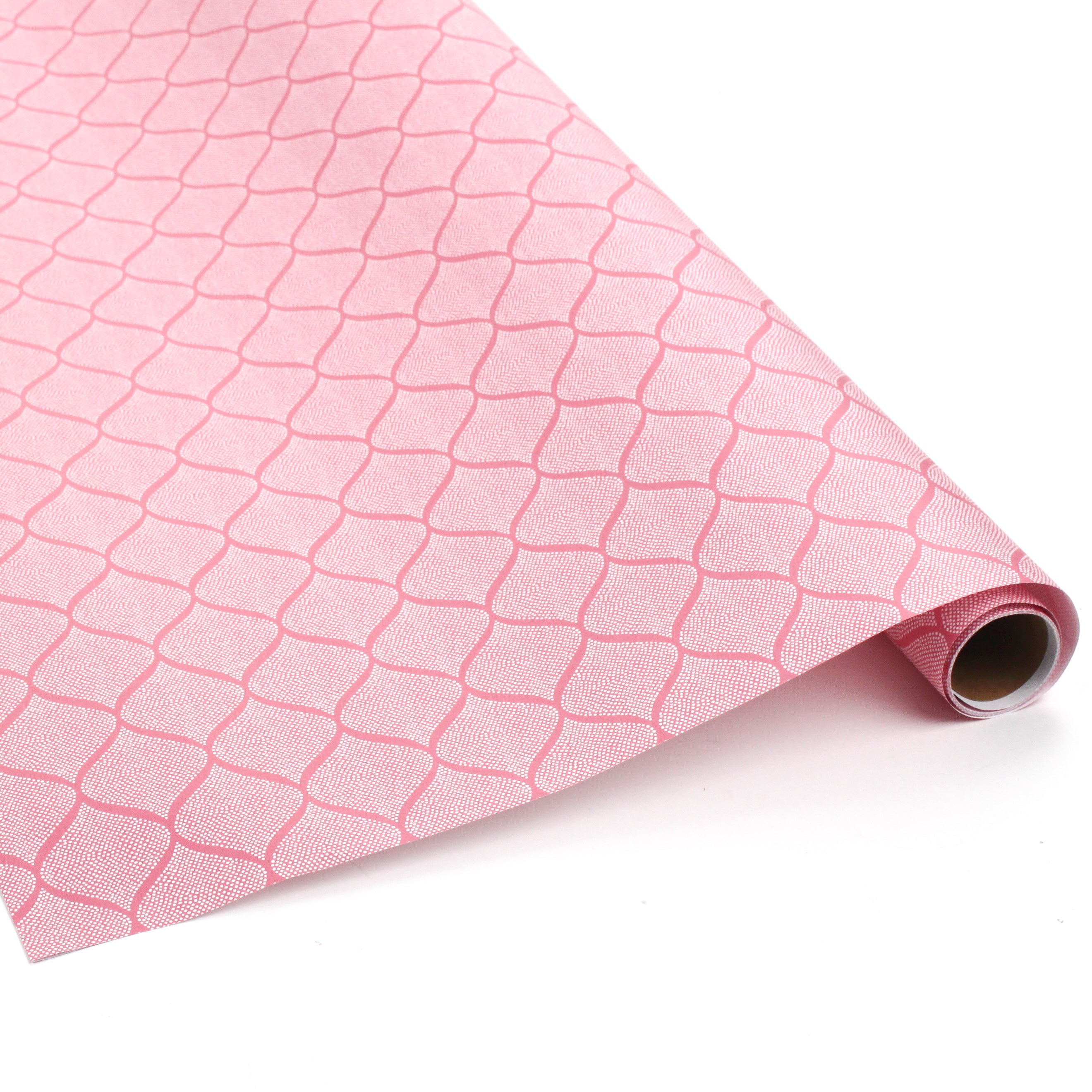 Roll of pink lattice pattern wrapping paper displayed partially unrolled.