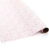 Red and white geometric patterned wrapping paper roll displayed on a white background.
