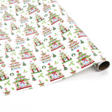 Roll of pagoda-themed Christmas wrapping paper with festive green, red, and white pattern.