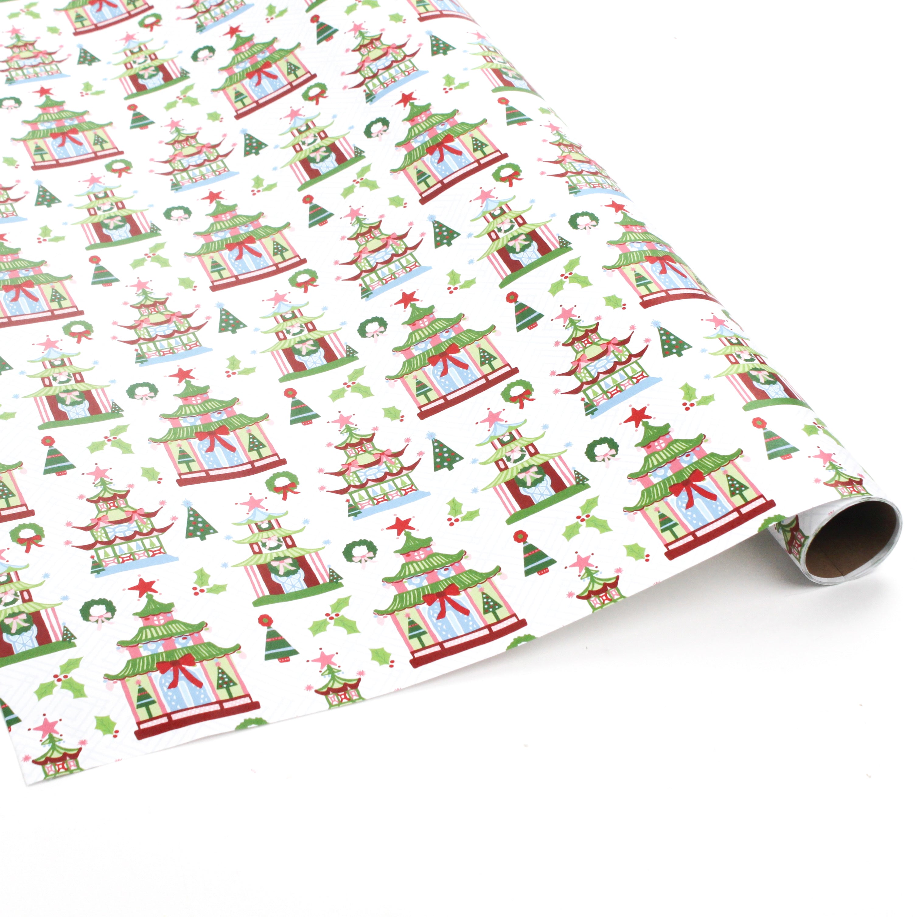 Roll of pagoda-themed Christmas wrapping paper with festive green, red, and white pattern.