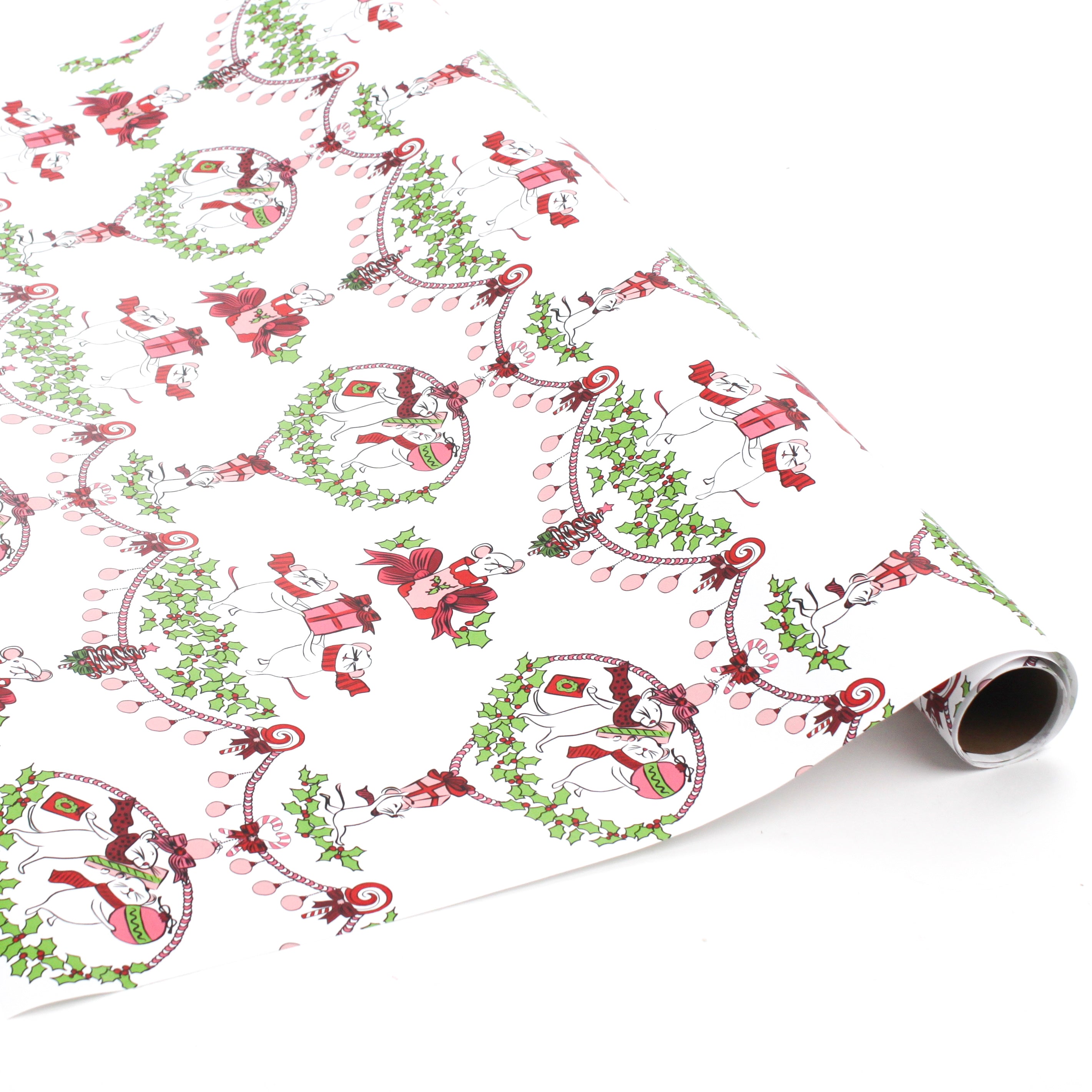 Roll of mouse-themed holiday wrapping paper on a white background.