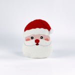 Santa-shaped hooked wool christmas pillow with a hooked texture, featuring Santa’s face with rosy cheeks, a red nose, and a bright red hat with a white pom-pom.
