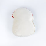reverse back of a Santa-shaped decorative pillow with a hooked texture, featuring Santa’s face with rosy cheeks, a red nose, and a bright red hat with a white pom-pom.