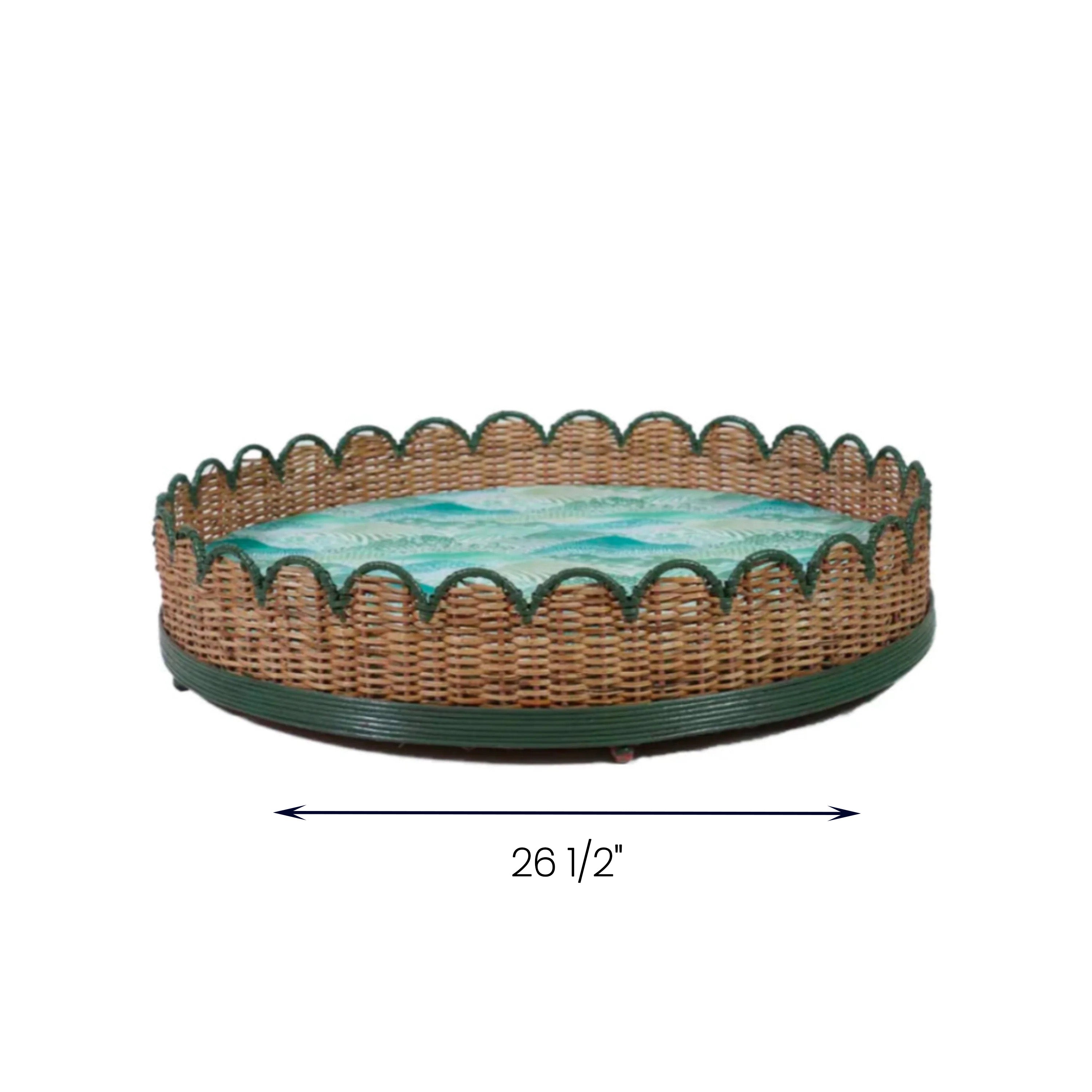 Scalloped green rattan dog bed, 26 1/2" round