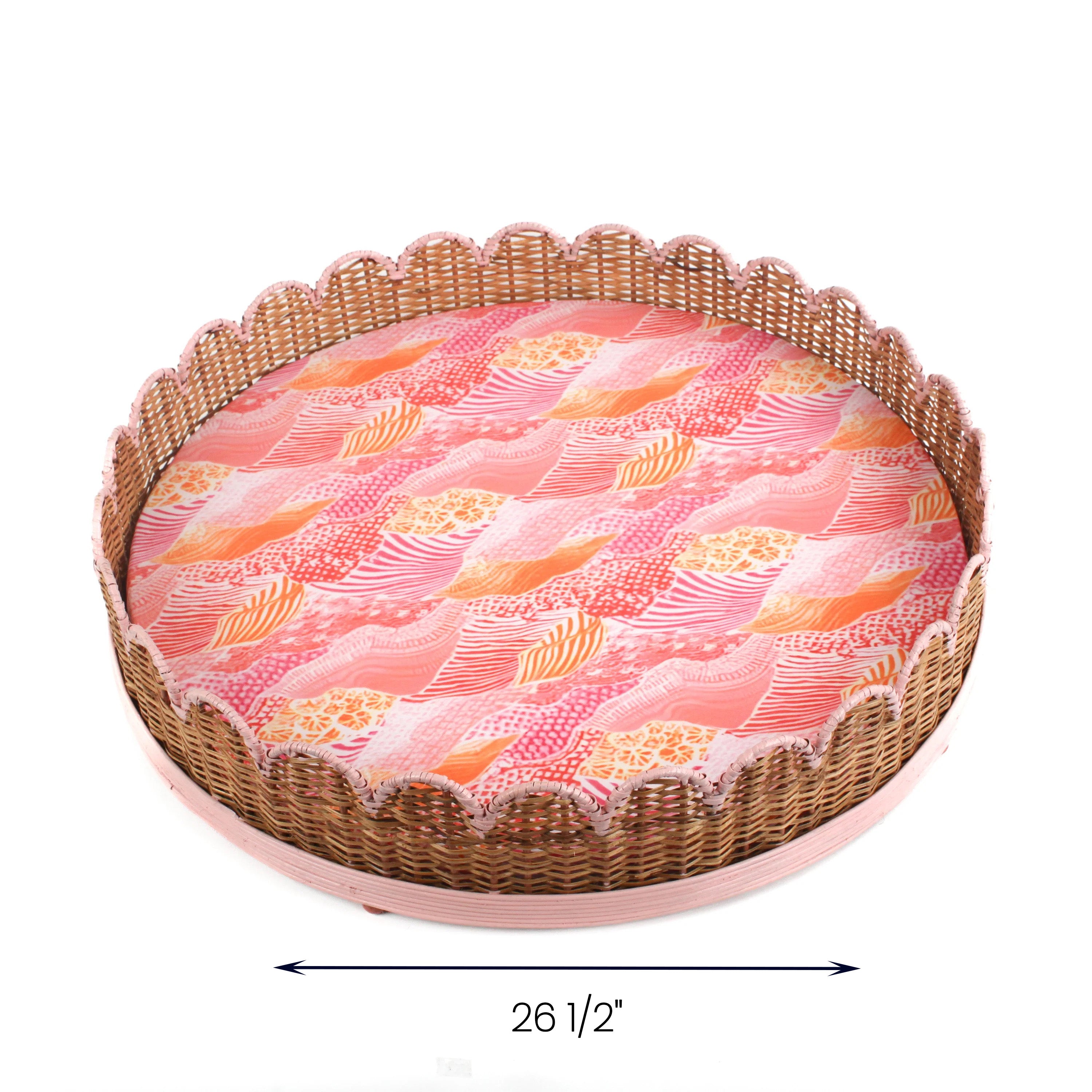 Scalloped pink wicker dog bed, 26 1/2" diameter round