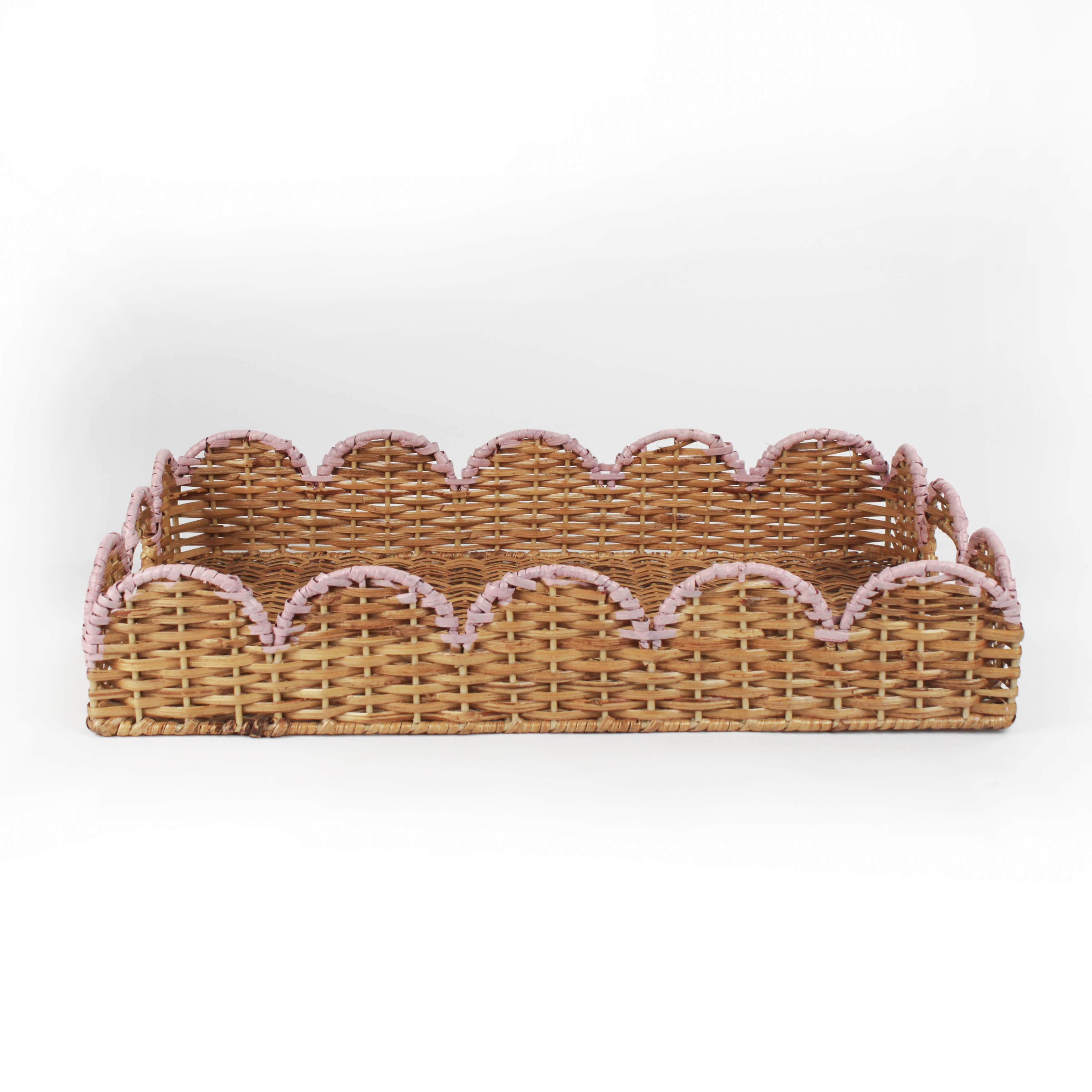 Scalloped Hand Painted Pink Rattan Tray side view