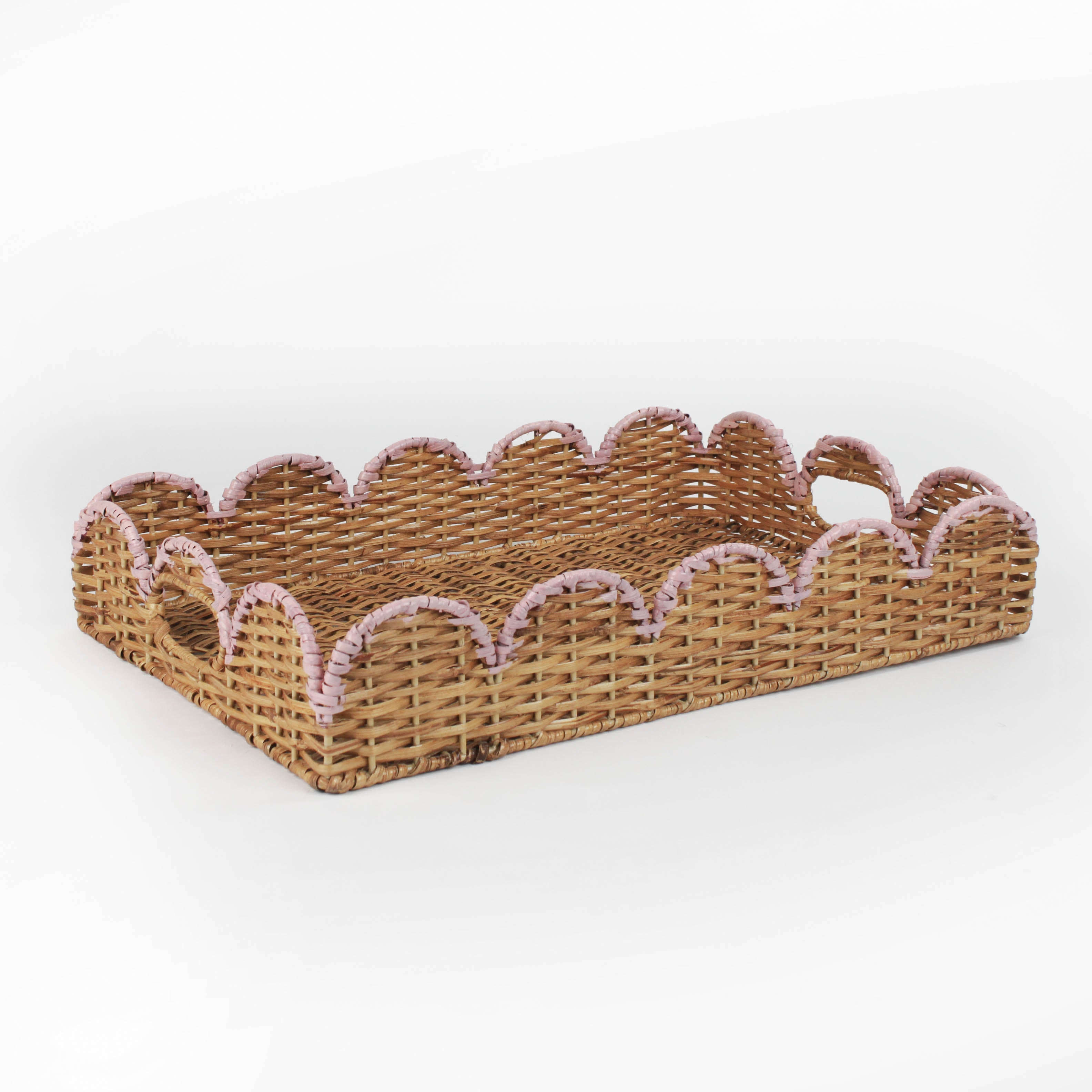 Scalloped Hand Painted Pink Rattan Tray side view