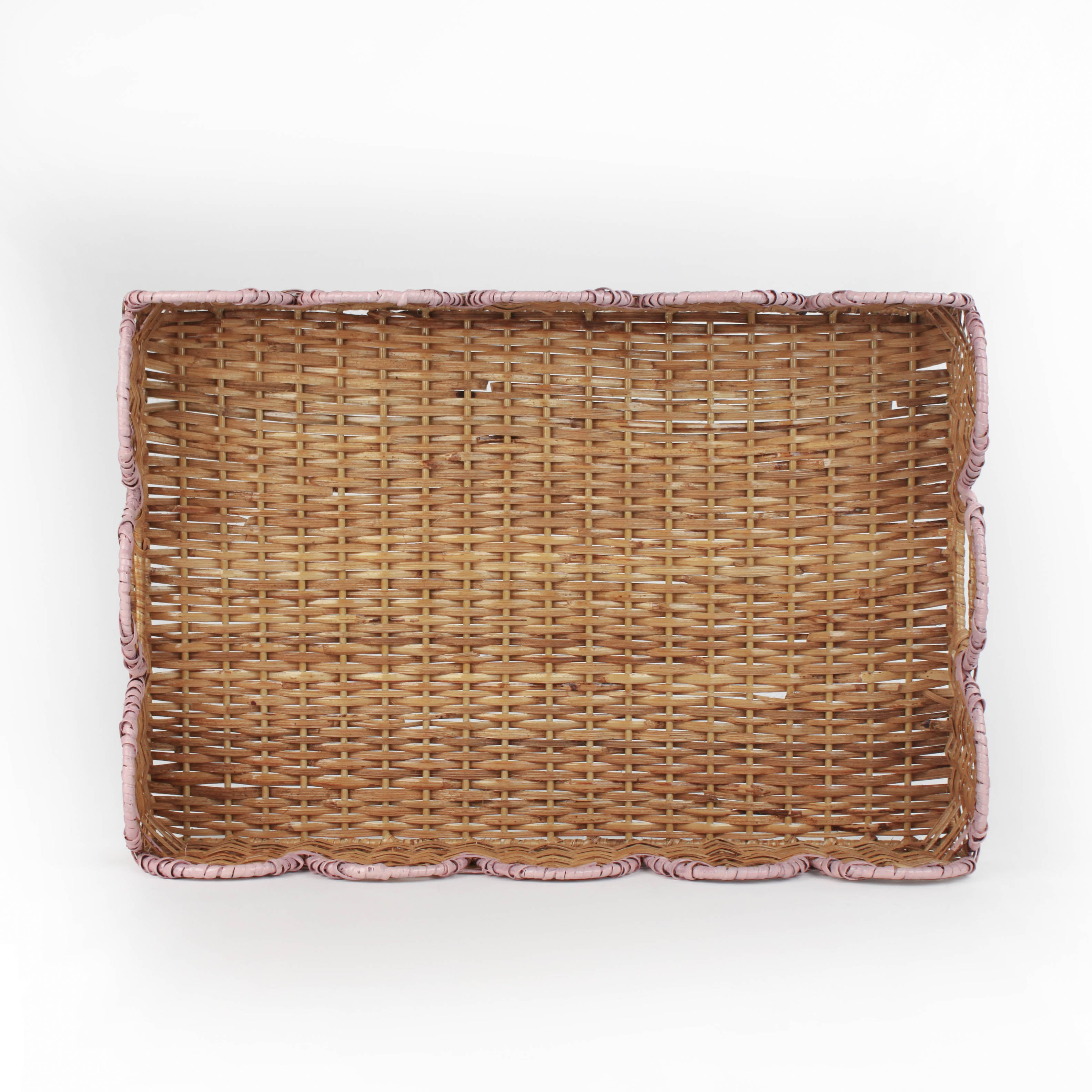Scalloped Hand Painted Pink Rattan Tray top view