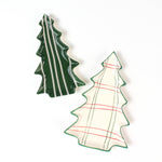Two ceramic Christmas tree-shaped plates with plaid patterns on a white background