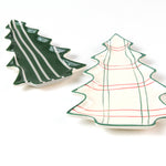 Two Christmas tree ceramic plates on a white background