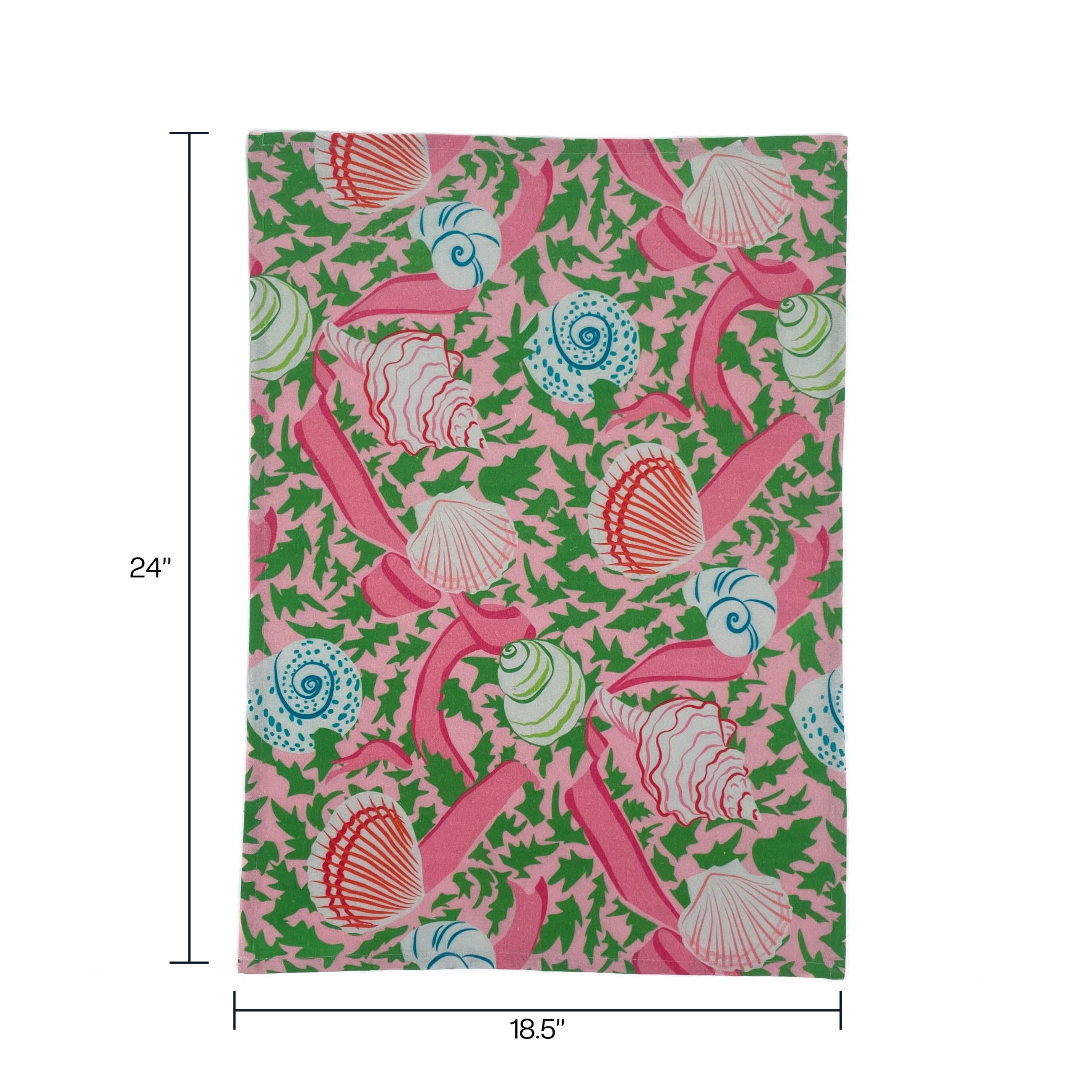 a pink tea towel with colored shells and pink ribbons against a white background 