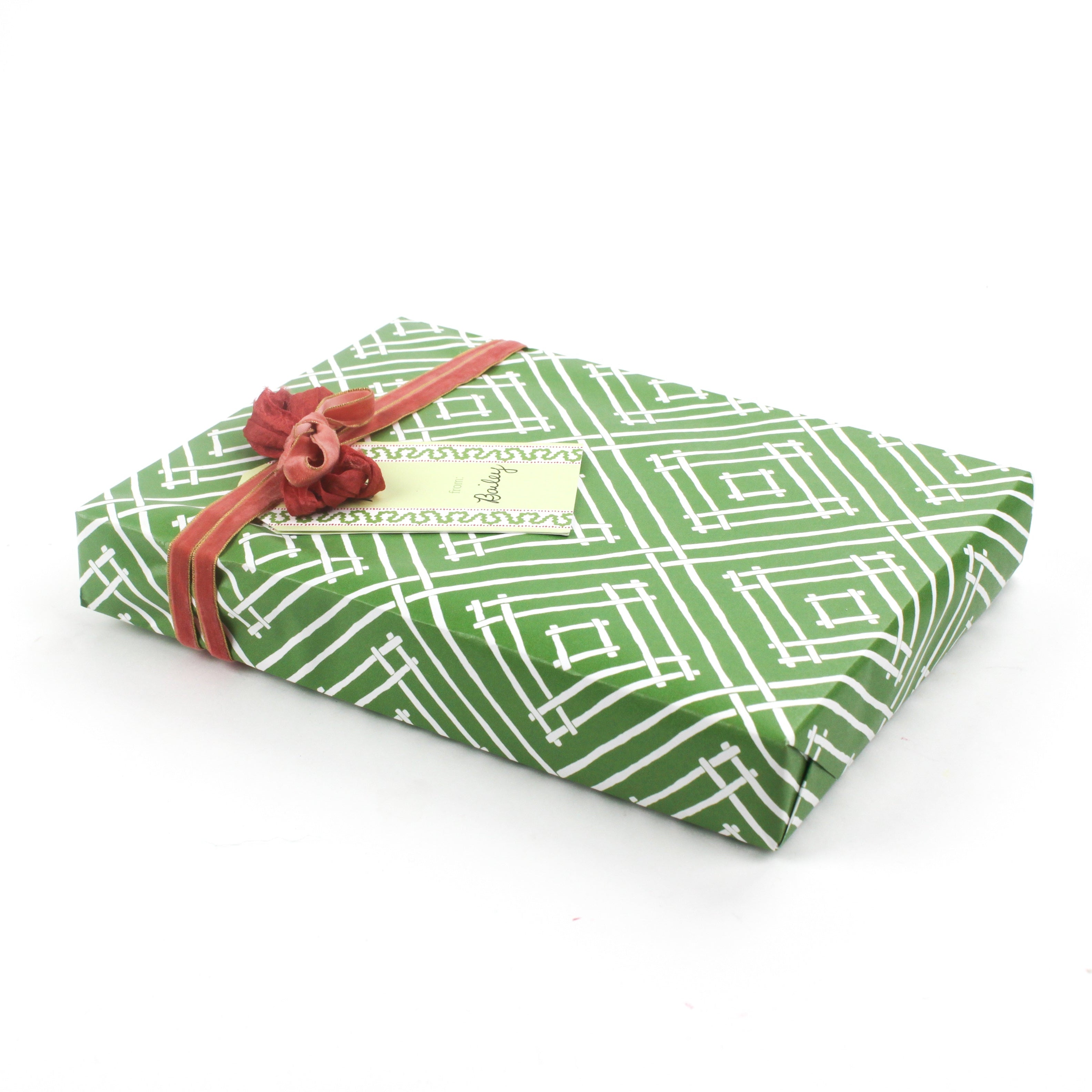 a wrapping paper with a geometric lattice pattern in green