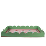 side of a hand-Painted Metal Christmas Nutcracker Tray featuring three colorful nutcrackers in a white background