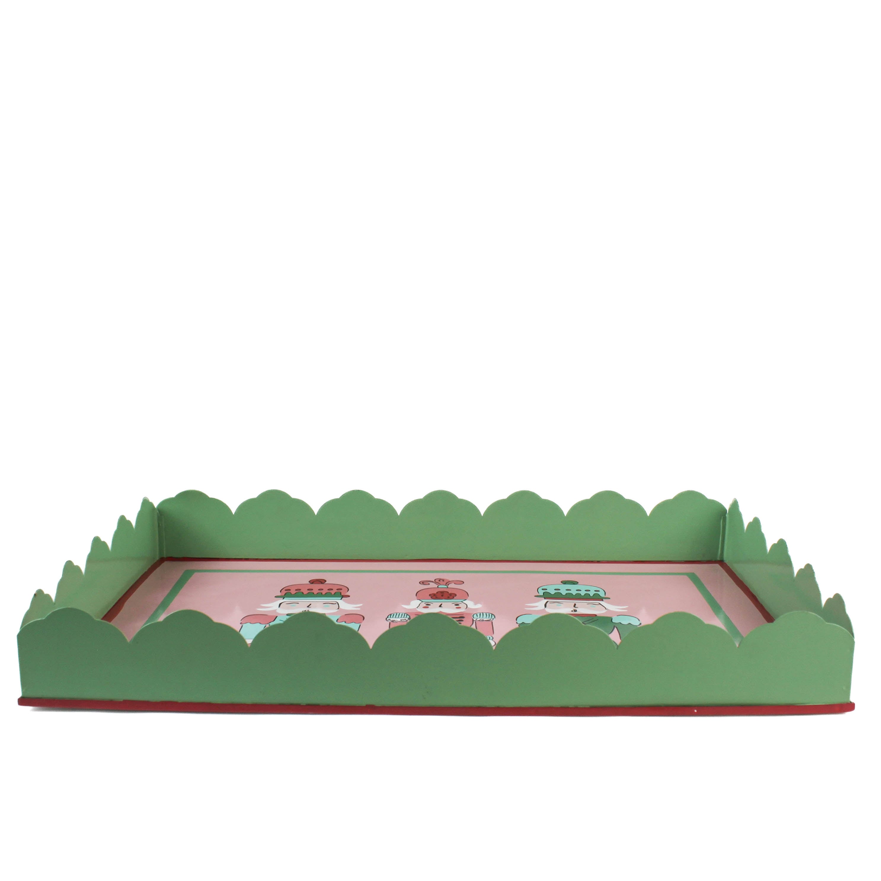 side of a hand-Painted Metal Christmas Nutcracker Tray featuring three colorful nutcrackers in a white background