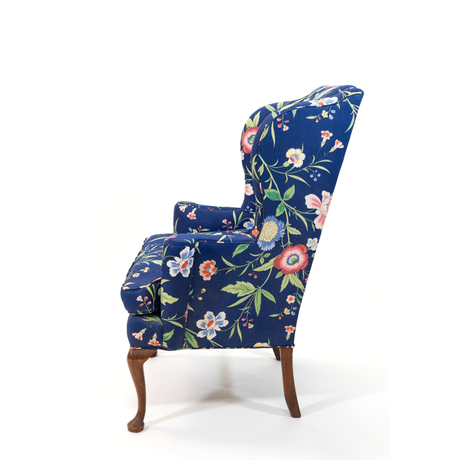 Vintage Blue Polished Cotton Floral Wingback Chair