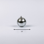 mini silver disco ball christmas ornaments on a white background with 2.5" dimension