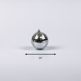 mini silver disco ball christmas ornaments on a white background with 2.5" dimension