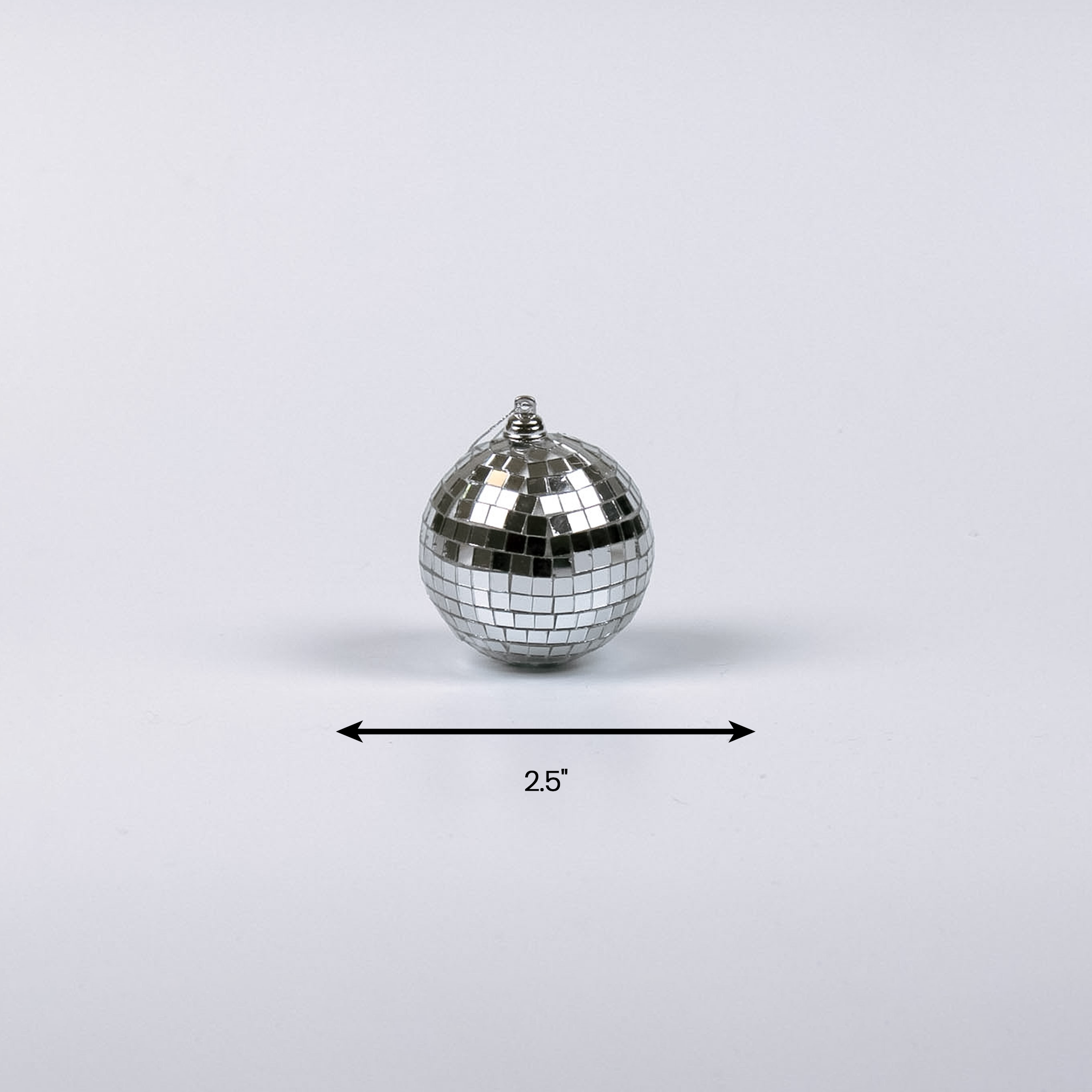 mini silver disco ball christmas ornaments on a white background with 2.5" dimension