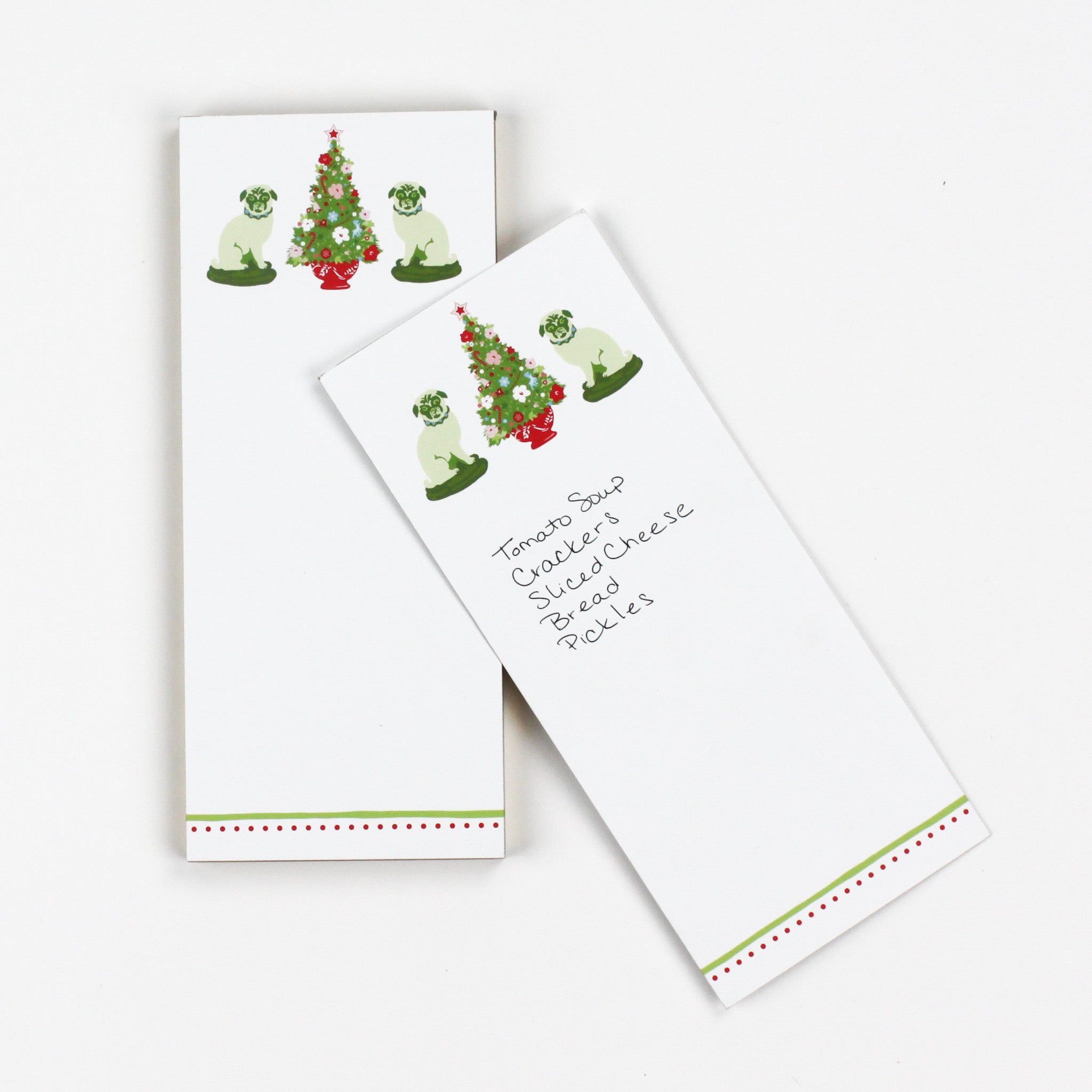 a skinny luxe notepad with Christmas tree and Pugs design in a white background