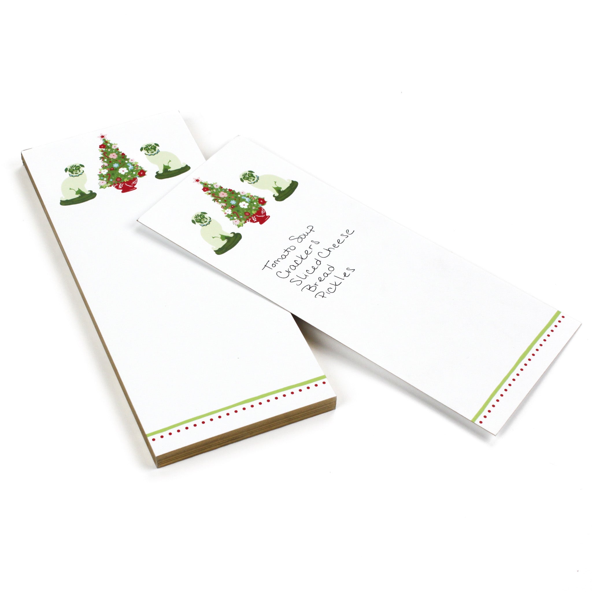 a skinny luxe notepad with Christmas tree and Pugs design in a white background