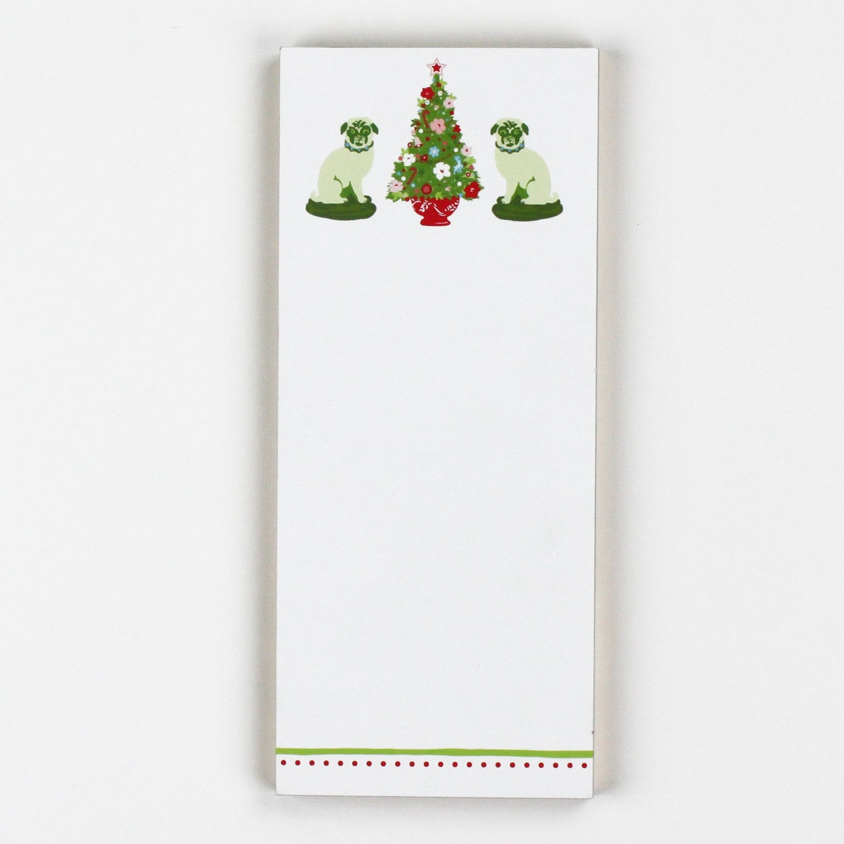 a skinny luxe notepad with Christmas tree and Pugs design in a white background