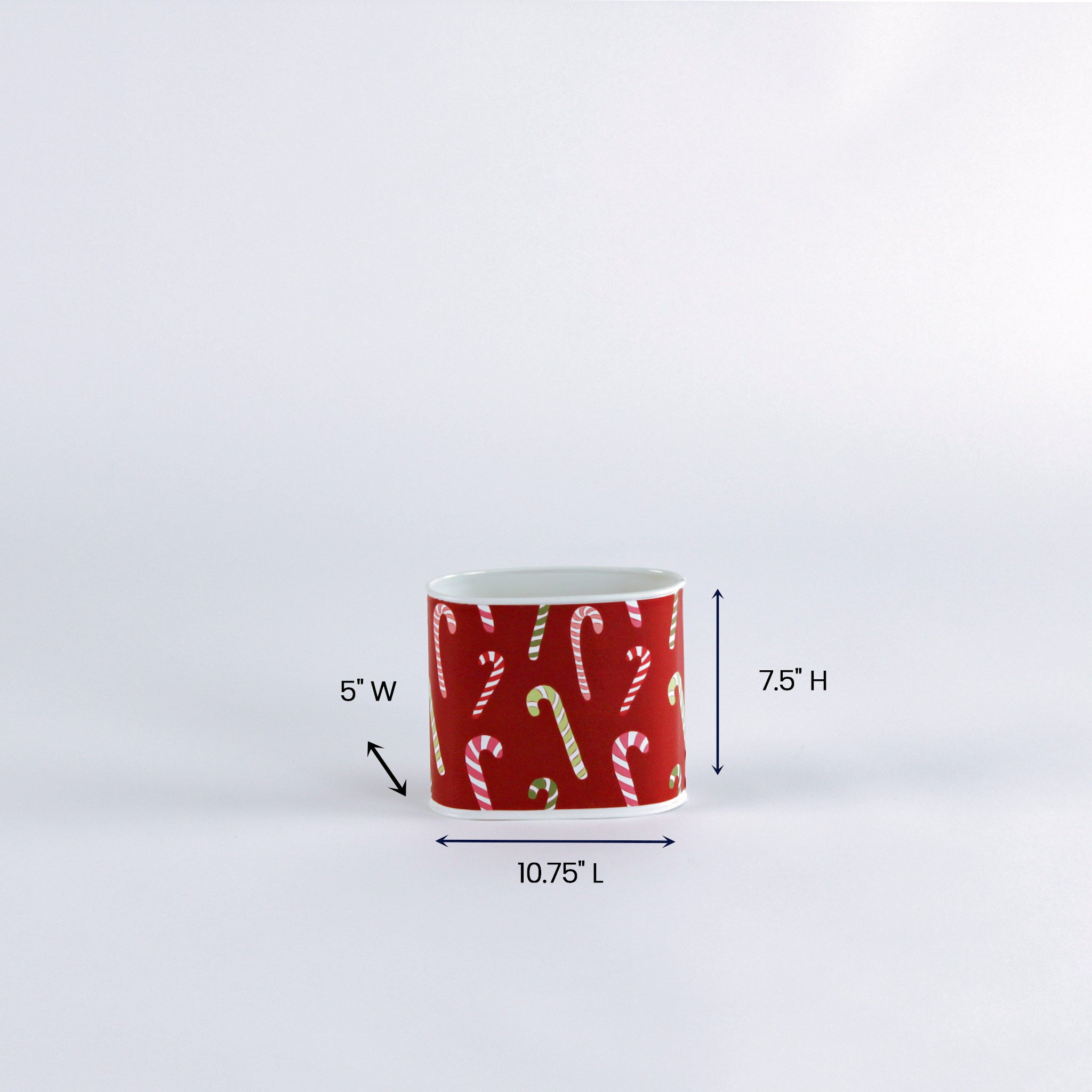 width of the Dancing Candy Canes Christmas caddy with a candy cane pattern, placed on a white background.