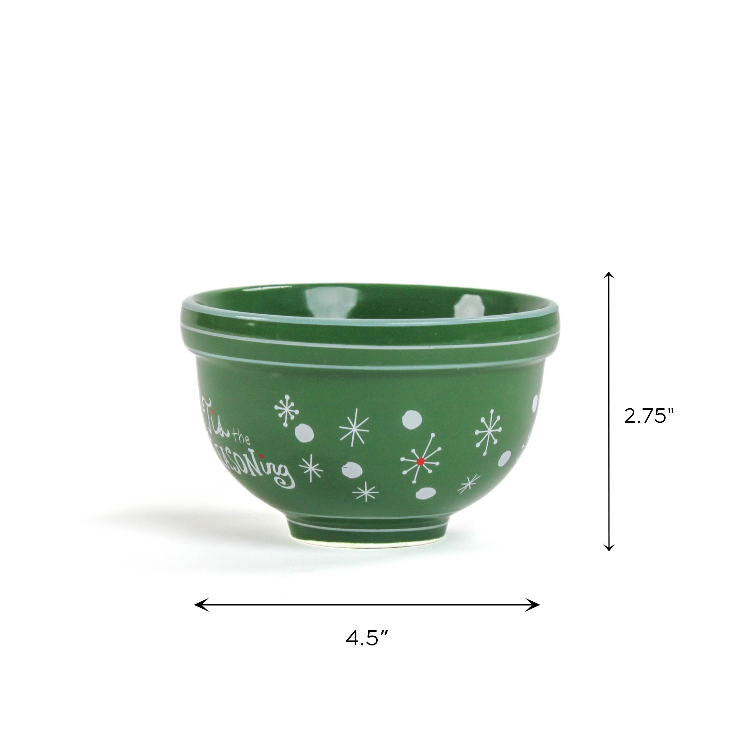 Green ceramic Christmas bowl with white snowflake design, shown on a white background with dimensions 4.5 inches wide and 2.75 inches tall.