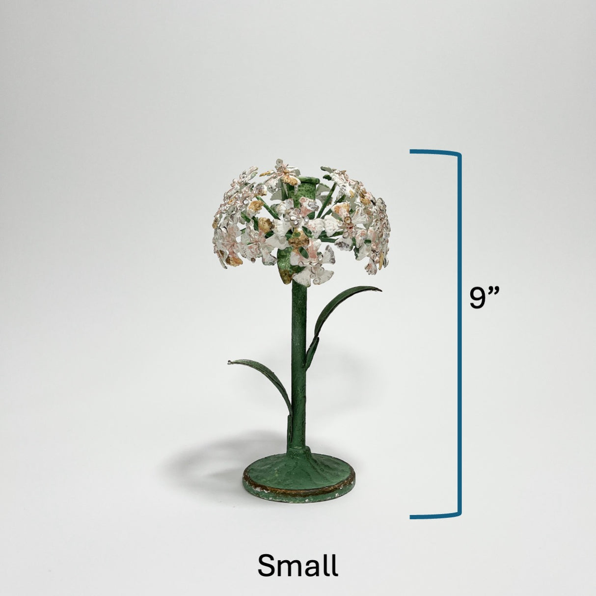 Small hydrangea hand-painted tole metal flower candle holder with dimensions