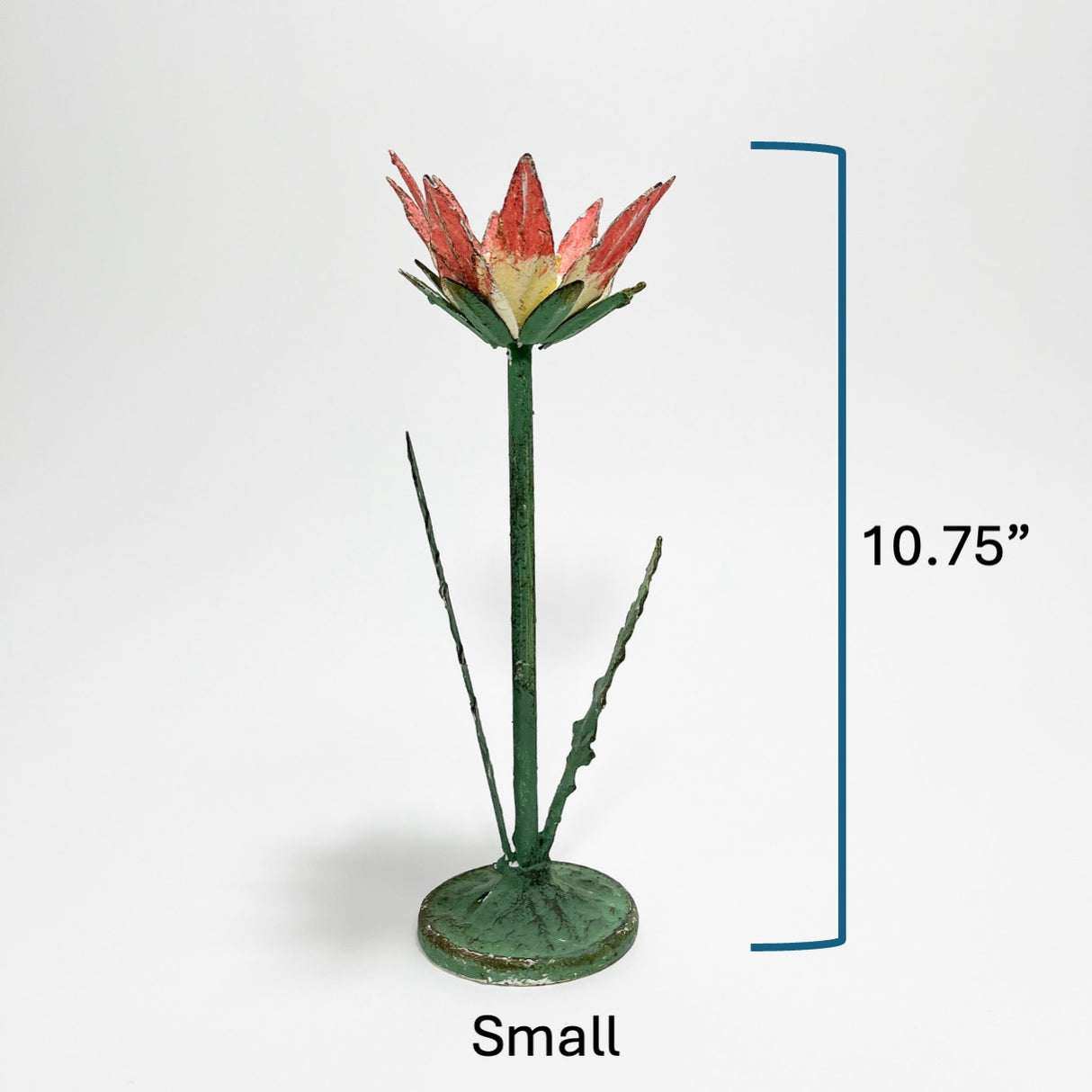 Small lotus hand-painted tole metal flower candle holder with dimensions