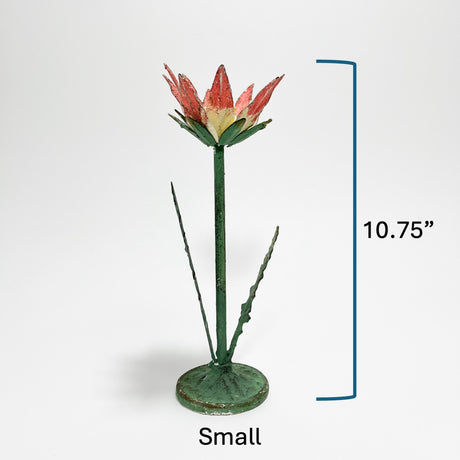 Small lotus hand-painted tole metal flower candle holder with dimensions