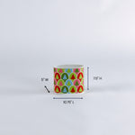 Colorful patterned christms caddy with dimensions labeled on a white background