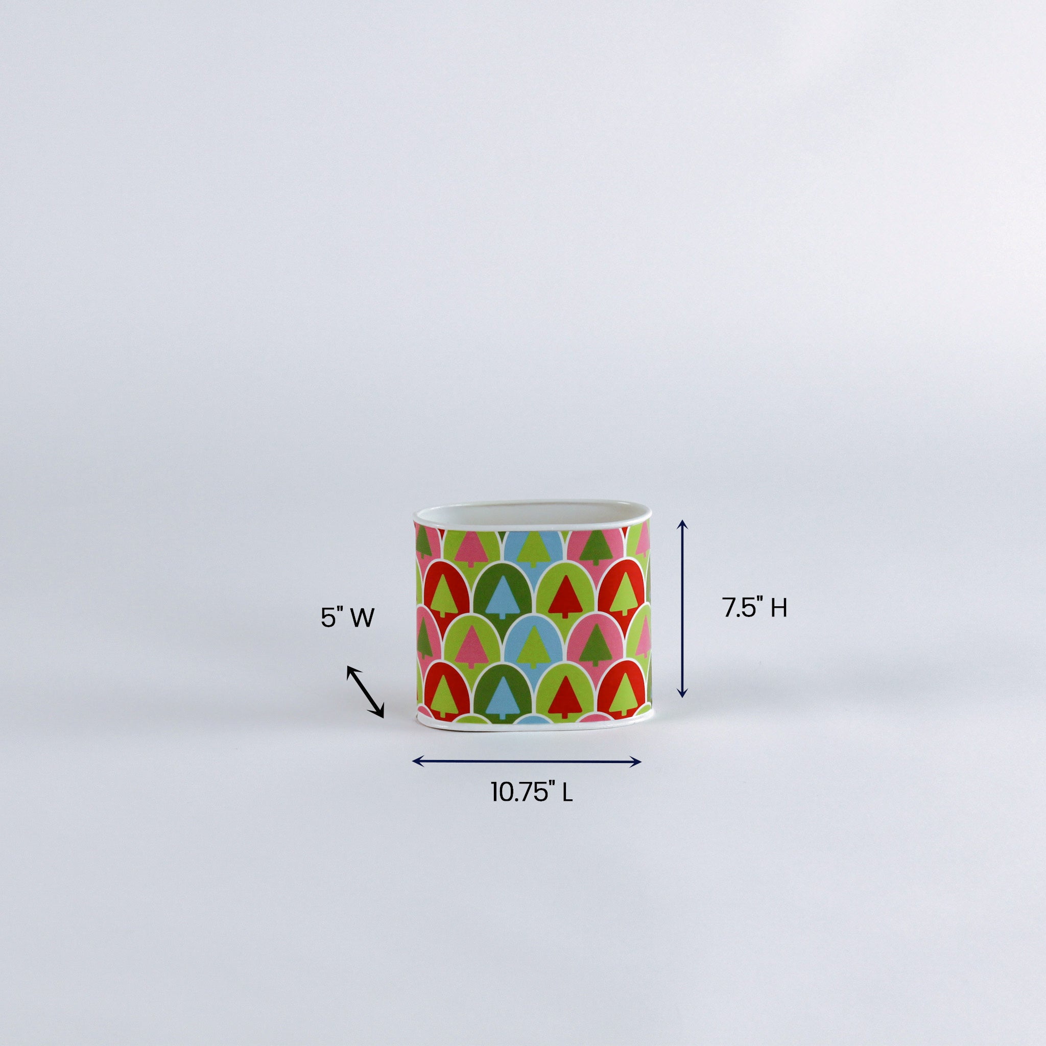 Colorful patterned christms caddy with dimensions labeled on a white background
