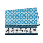 a blue christmas tea towel with dancing snowmen on the border on a white background 