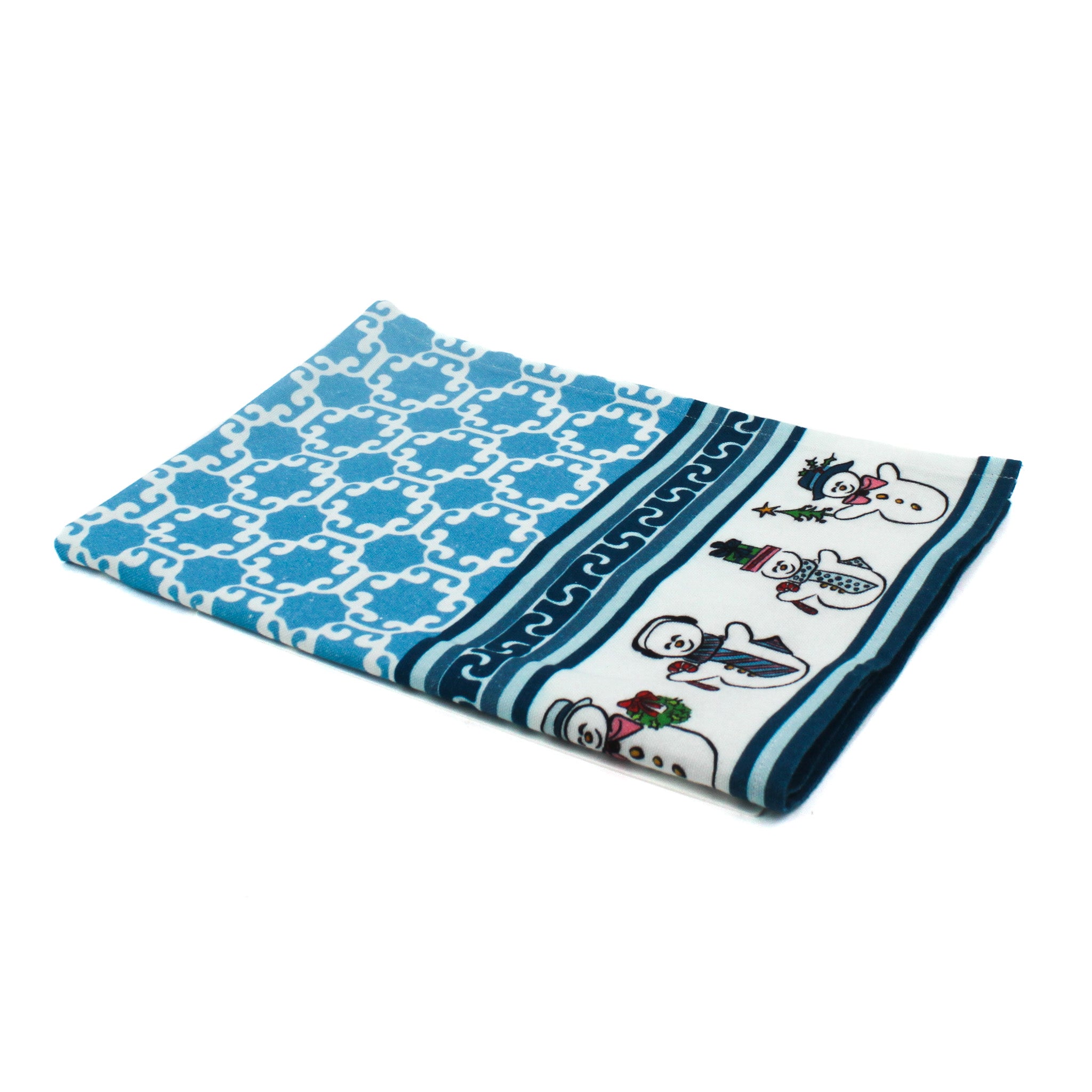 a blue christmas tea towel with dancing snowmen on the border on a white background 