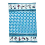 a blue christmas tea towel with dancing snowmen on the border on a white background 